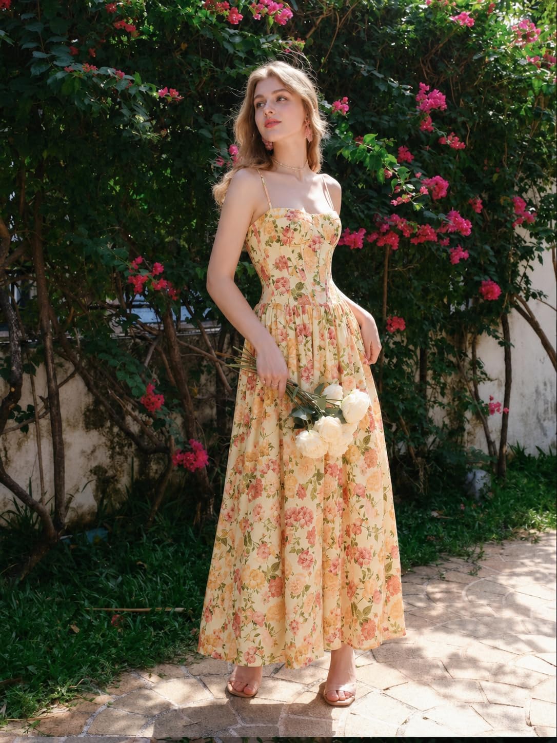 Floral Maxi Dress Sleeveless Spaghetti Strap A-Line Corset Summer Dress Boho Flowy Wedding Guest Long Dresses Sundress