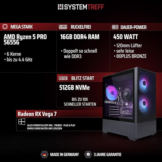 SYSTEMTREFF Basic Gaming PC AMD Ryzen 5 5600G 6x4.4 GHz AMD RX Vega 7 4K HDMI DX12 512 GB M.2 NVMe 16 GB DDR4 RAM Wi-Fi Desktop Computer for Gaming Windows 11 Pro