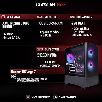 SYSTEMTREFF Basic Gaming PC AMD Ryzen 5 5600G 6x4.4 GHz AMD RX Vega 7 4K HDMI DX12 512 GB M.2 NVMe 16 GB DDR4 RAM Wi-Fi Desktop Computer for Gaming Windows 11 Pro