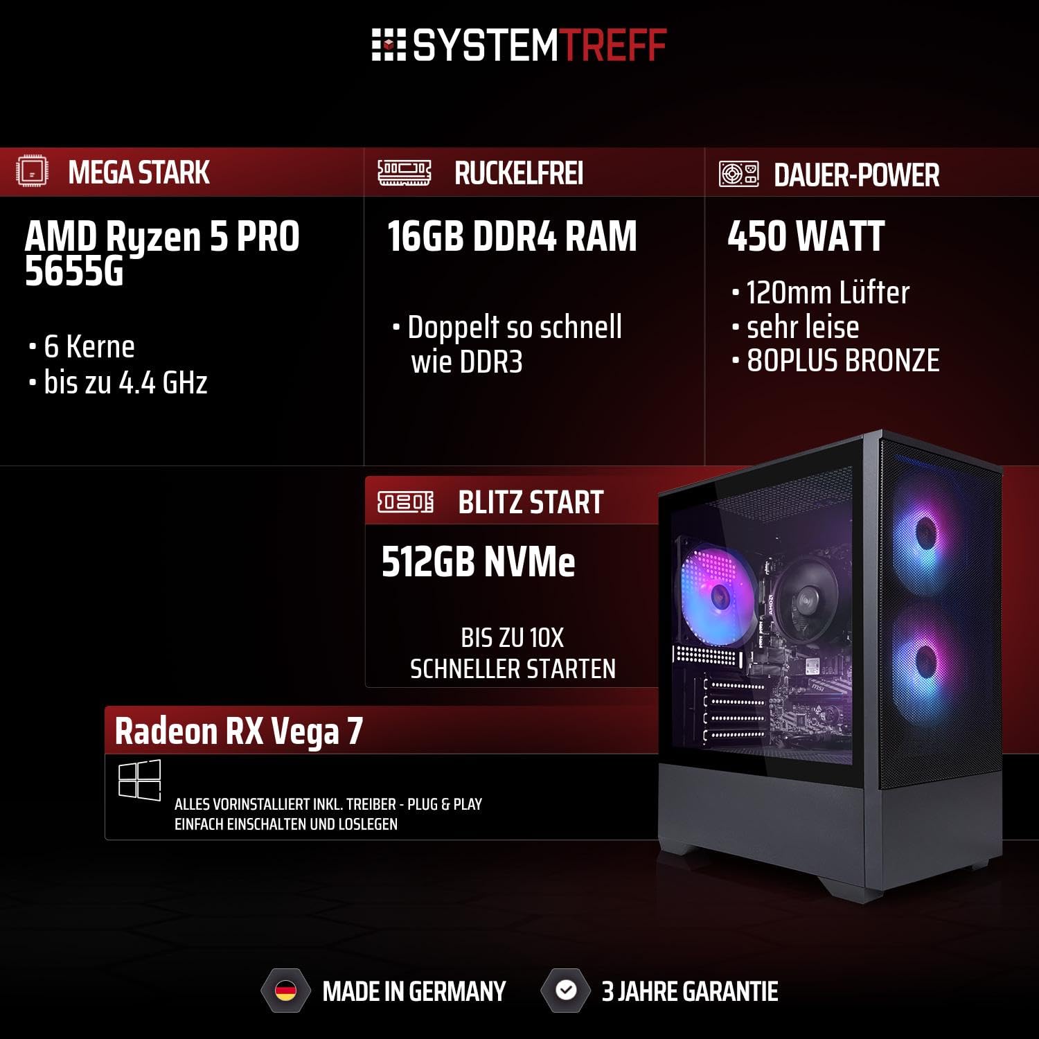 SYSTEMTREFF Basic Gaming PC AMD Ryzen 5 PRO 5655G 6x4.4GHz | Radeon RX Vega 7 4K HDMI DX12 | 512GB M.2 NVMe | 16GB DDR4 RAM | WLAN Desktop Computer Rechner für Gamer, Zocker