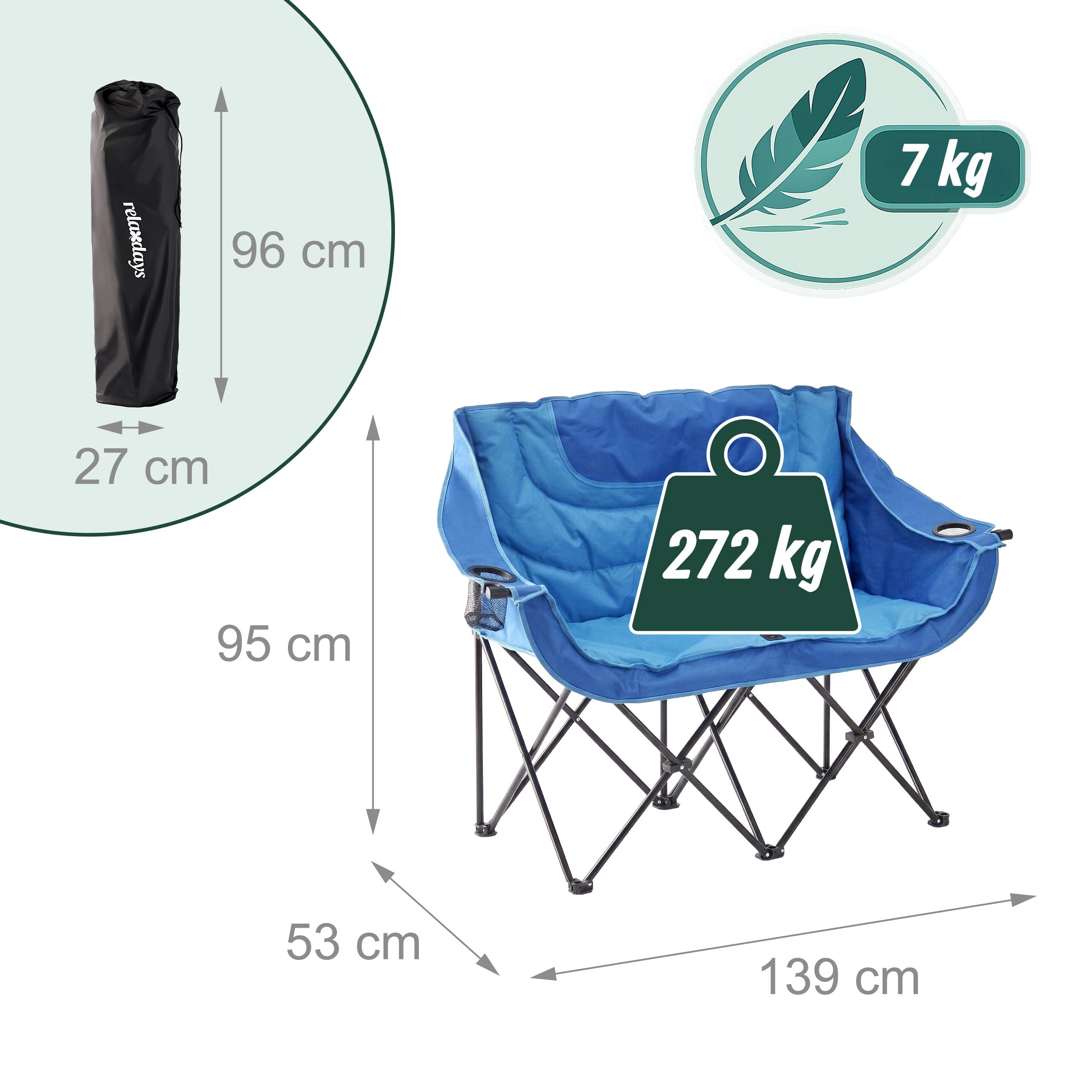 Relaxdays Silla Plegable Doble para Camping, Bolsa de Transporte, portavasos, 272 kg, poliéster y Metal, Azul