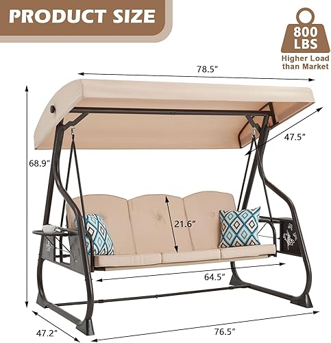 Miniatura 7 de Columpio de 3 asientos para patio, porche, columpio para exteriores de 800 libras con soporte con toldo y respaldo ajustable con almohadas