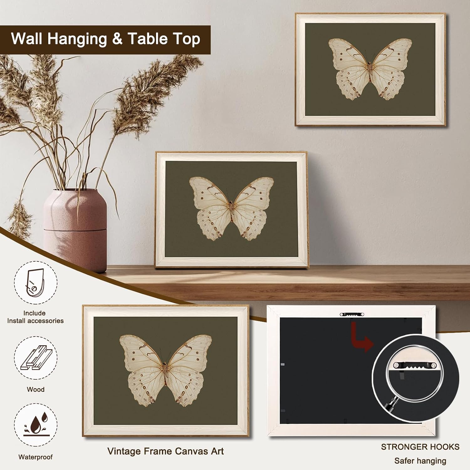 Uniro Vintage Framed Wall Art, Classical Butterfly Oil Paintings, Dark Moody Insect Canvas Prints Artwork with Antique Frame, Saige Green Wall Decor Pictures for Bedroom, Kitchen, Shelf, Bathroom Wall Decor, Cottagecore Room Decor - 12x16Inch