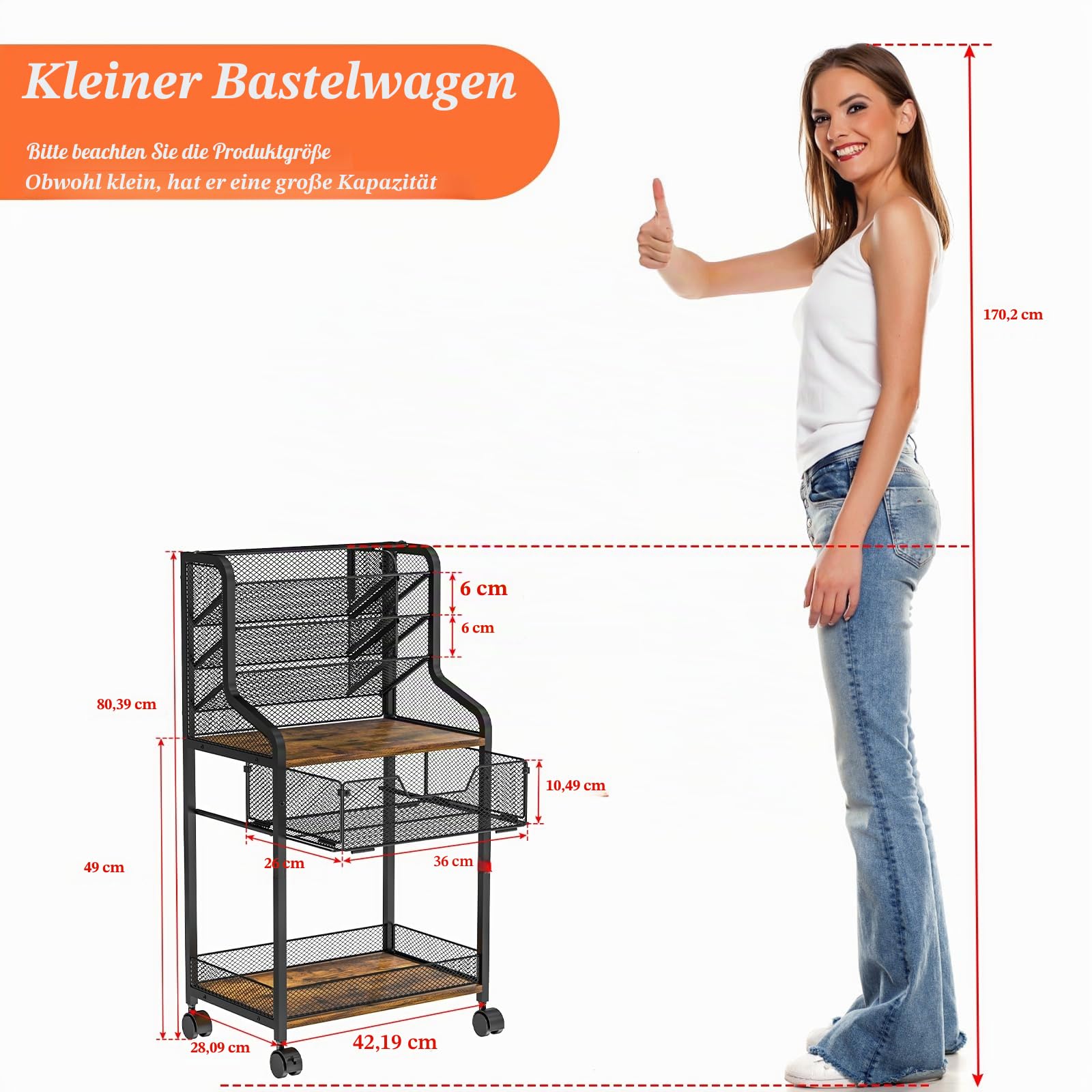 Kleiner Rollwagen mit Schublade, Metall-Aufbewahrungswagen mit feststellbarem Rad, vielseitiger Kunst-Organizer mit 6 Ebenen für Salon