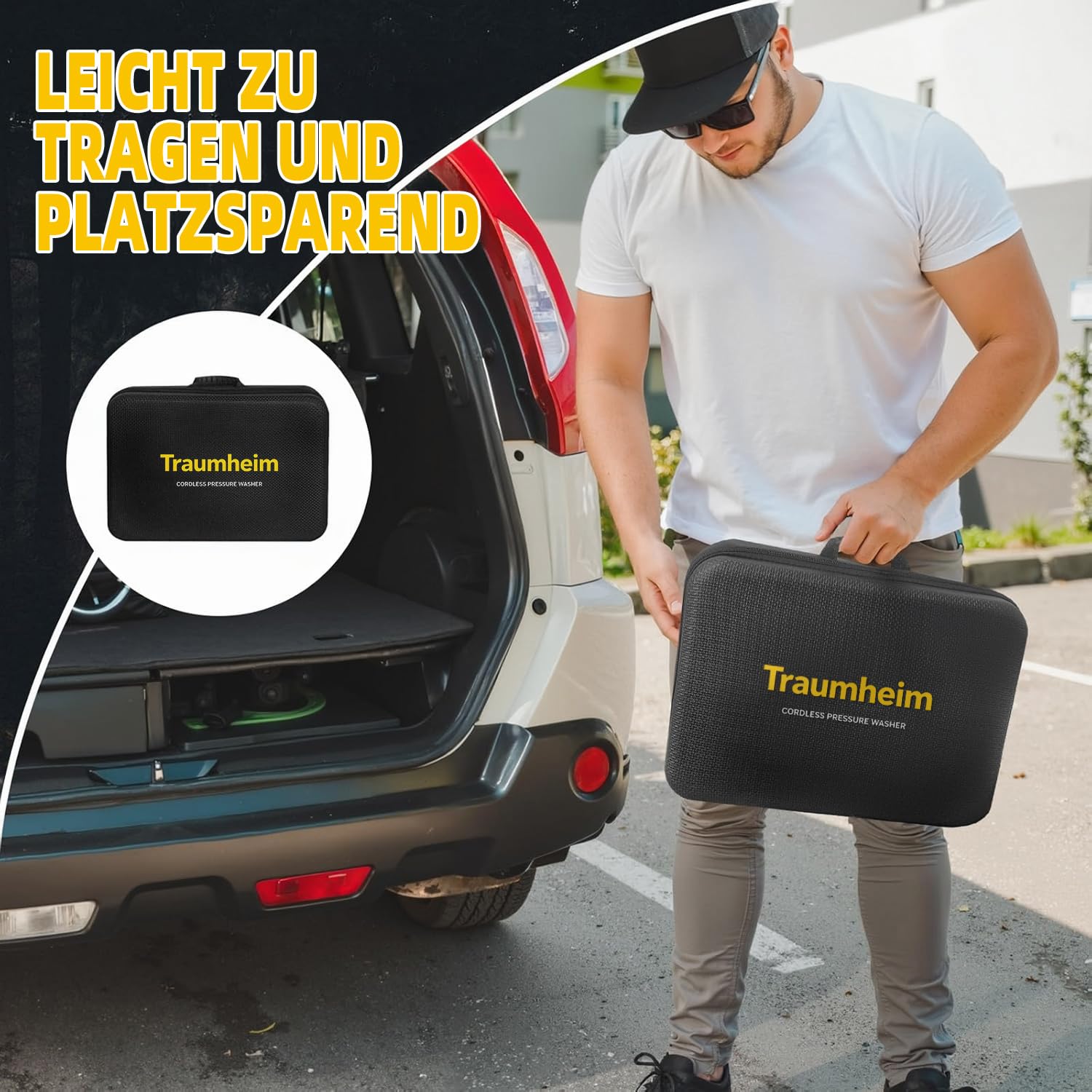Akku Hochdruckreiniger 21V, 68 Bar, 2X 4000mAh Akkus | Bürstenloser Motor, 180°/360° Drehdüse, 6 in 1 Düse, Flaschenanschluss, Verlängerungsstange