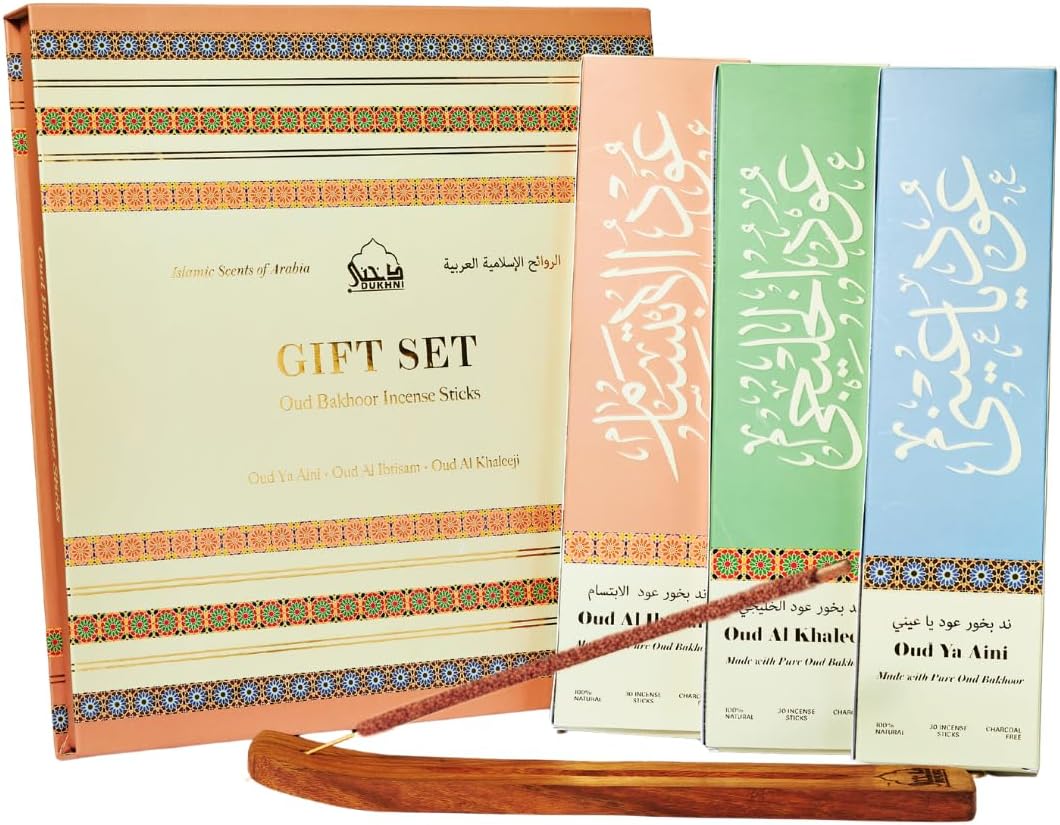 Premium Oud Incense Sticks Gift Set by Dukhni – 90 Oudh Agarwood Sticks I 3 Assorted Scents + Wooden Incense Holder | Long-Lasting Arabic Oud Fragrance | Luxury Aromatic Set | Islamic Gifts