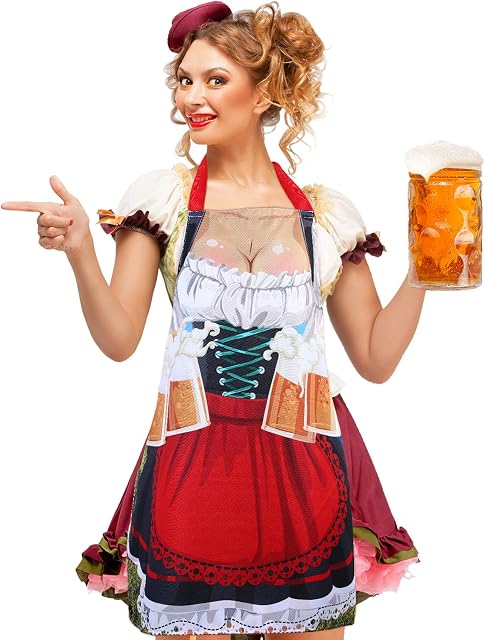 Blulu Dress Apron, Bavarian Fabric Novelty Fraulein Apron with Long Ties for Party Supplies and Decorations, 30 x 27 Inch