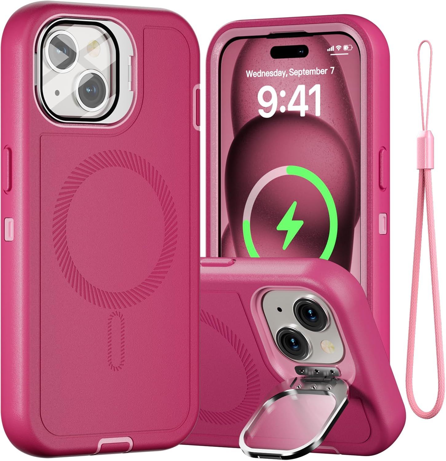 for iPhone 15 Case with Stand & Built-in Camera Cover, MagSafe Compatible, Heavy-Duty Shockproof Protection, Magnetic & Rugged Phone Cover for iPhone 15 6.1'', Hot-Pink