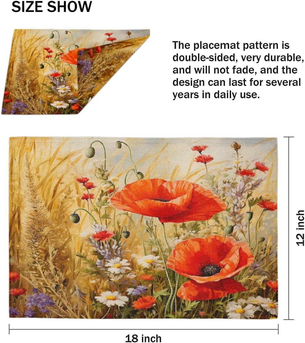 Art Flower Poppy Floral Retro Placemats Set of 6 Decorative Dinner Place Mats Washable Table Mat for Gifts, Holiday, Birthday Party, Wedding & Dining