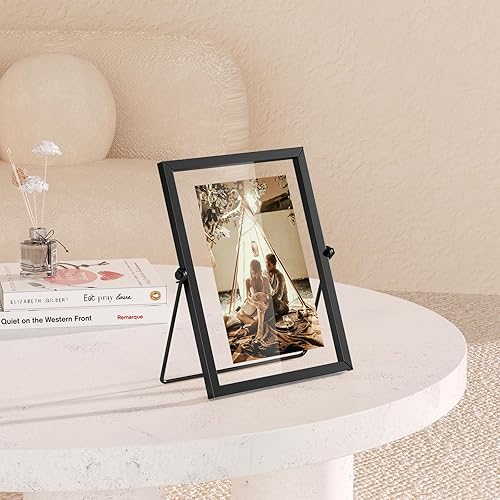 Miniatura 9 de Juego de 3 marcos de fotos flotantes, marco de fotos negro de 5 x 7 pulgadas, marco de fotos de metal para escritorio con vidrio para múltiples