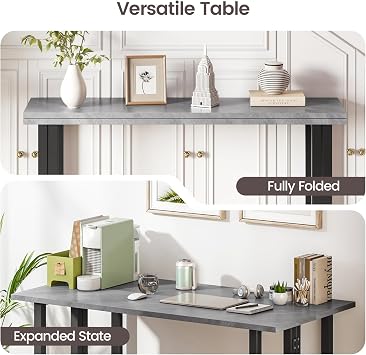 Extendable Dining Table and Chairs Set 4, Grey Folding Table with Upholstered 4 Black Fabric Chairs for Dining Room,Kitchen