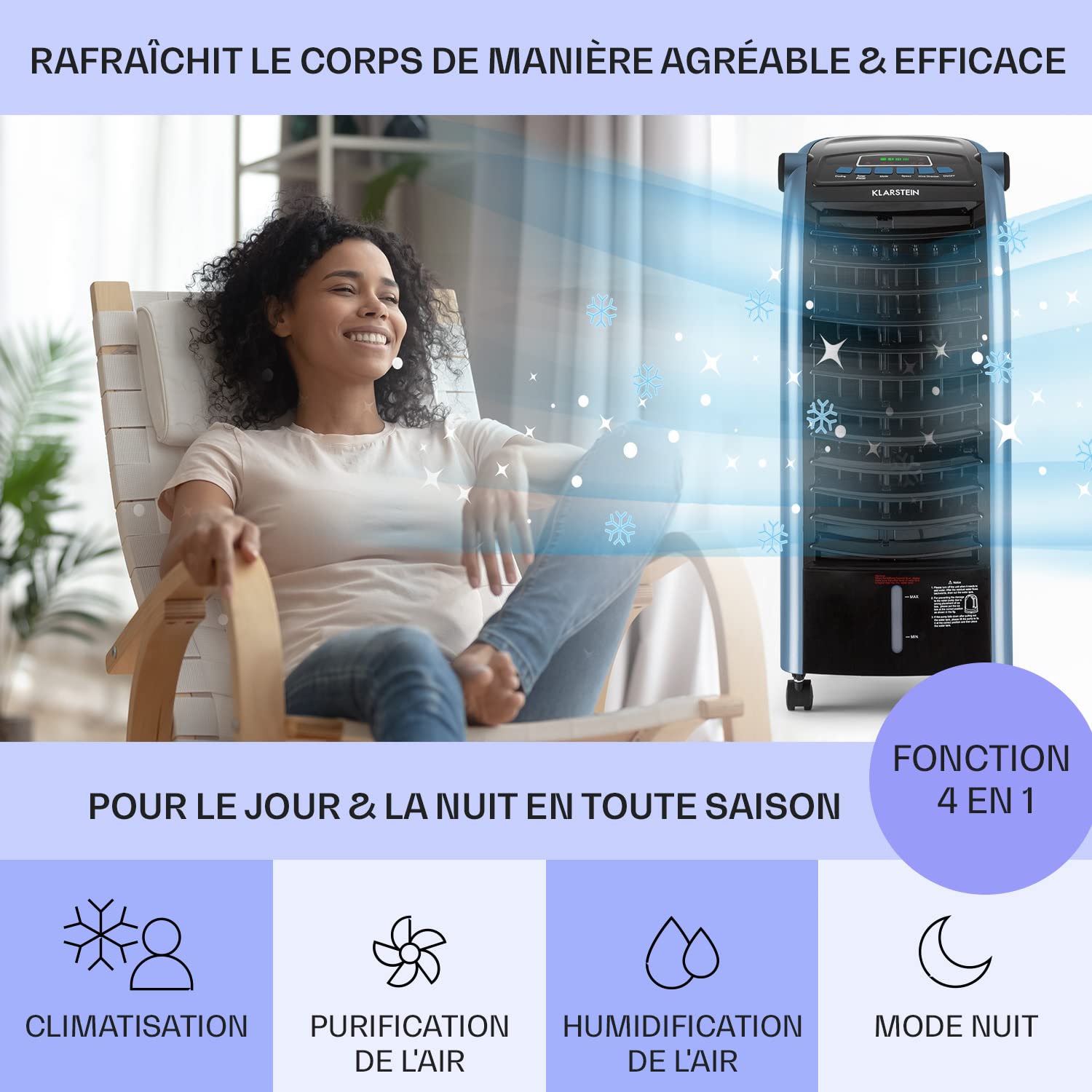 Klarstein Rafraichisseur d'Air 4 en 1, Climatiseur Portable, Humidificateur, Ventilateur, Ioniseur, Climatiseur Mobile Sans Évacuation, Pack Glacons, Réservoir 6L, 65W, Puissant Débit d'Air 444m³/h
