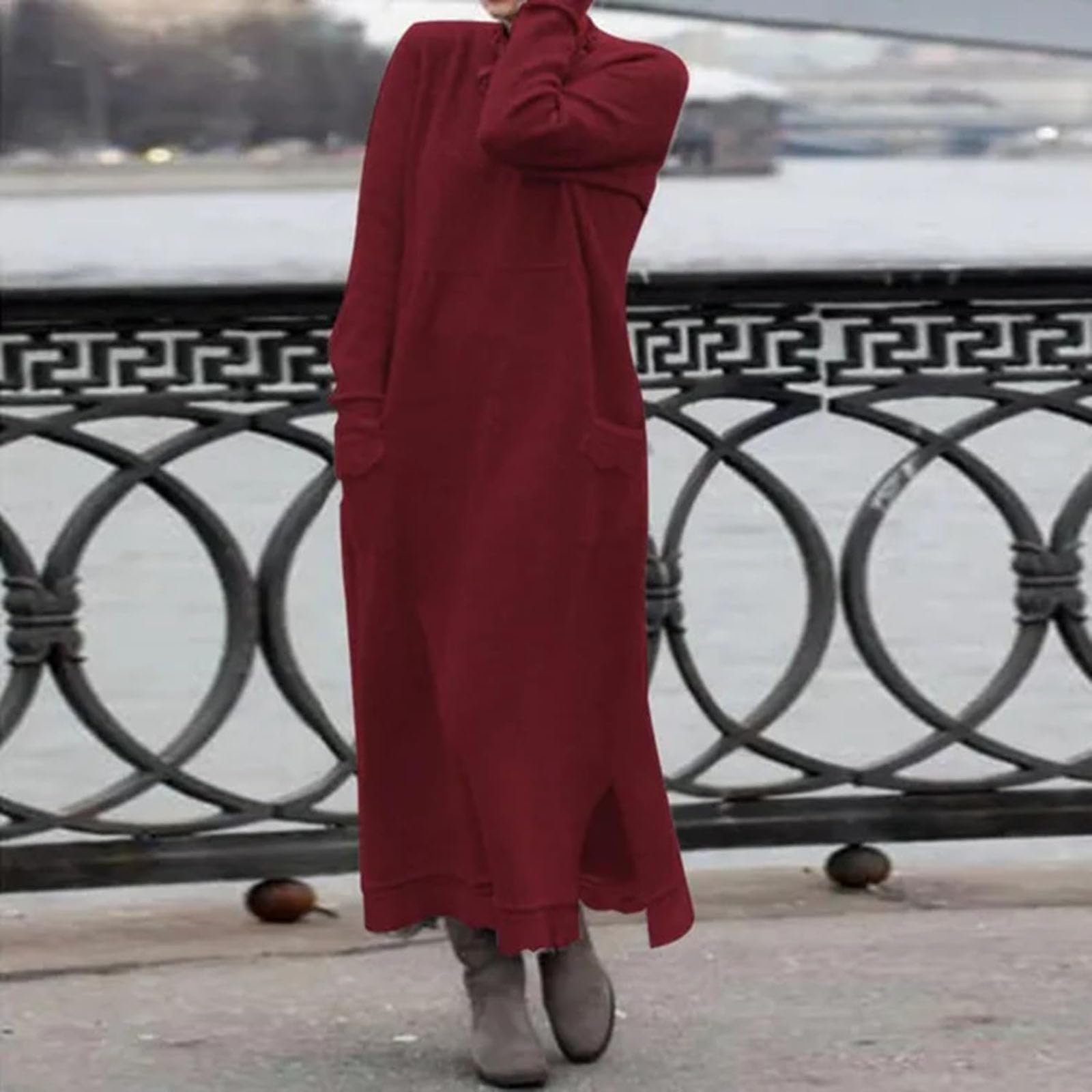 Vestido Largo Holgado de Encaje de Talla Grande, Vestido Largo de Cuello Redondo de Encaje Liso para Mujer, Vestidos Casuales Holgados de otoño