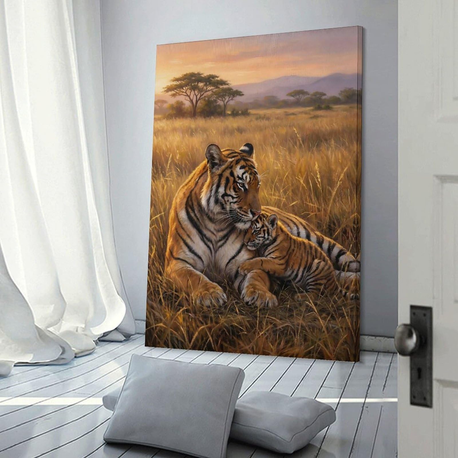 Junmoney Tiger Mother And Cub in Savannah Canvas Art Print, 12x18inch(30x45cm), for Bedroom Decor, Cosy Corners Or Studios, A Warm Accent for Relaxed Interiors