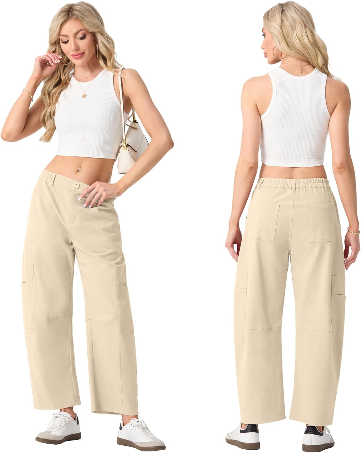Lepunuo Womens Barrel Cargo Pants Casual Baggy Stretchy Elastic Waisted Wide Leg Jeans Y2k Streetwear with 6 Pockets - Image 4