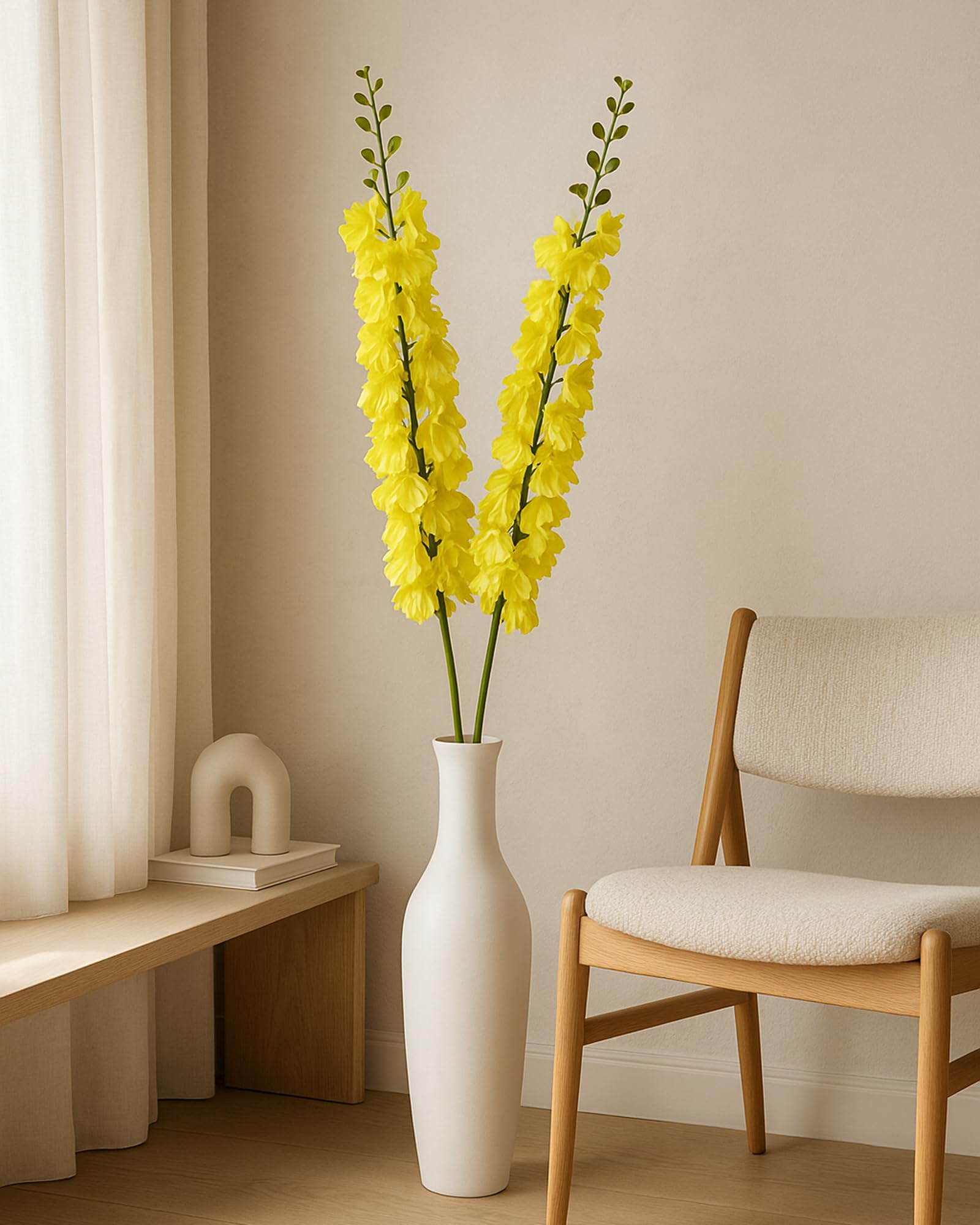 Homesake Faux Delphinium Stem Artificial Flowers, for Home Decoration, Without Vase, Long Stem Dried Look Flower Bunch, Tall Vase, Table Centerpiece, Living Room, Bedroom Decor Set of 2, (Yellow)-image-15