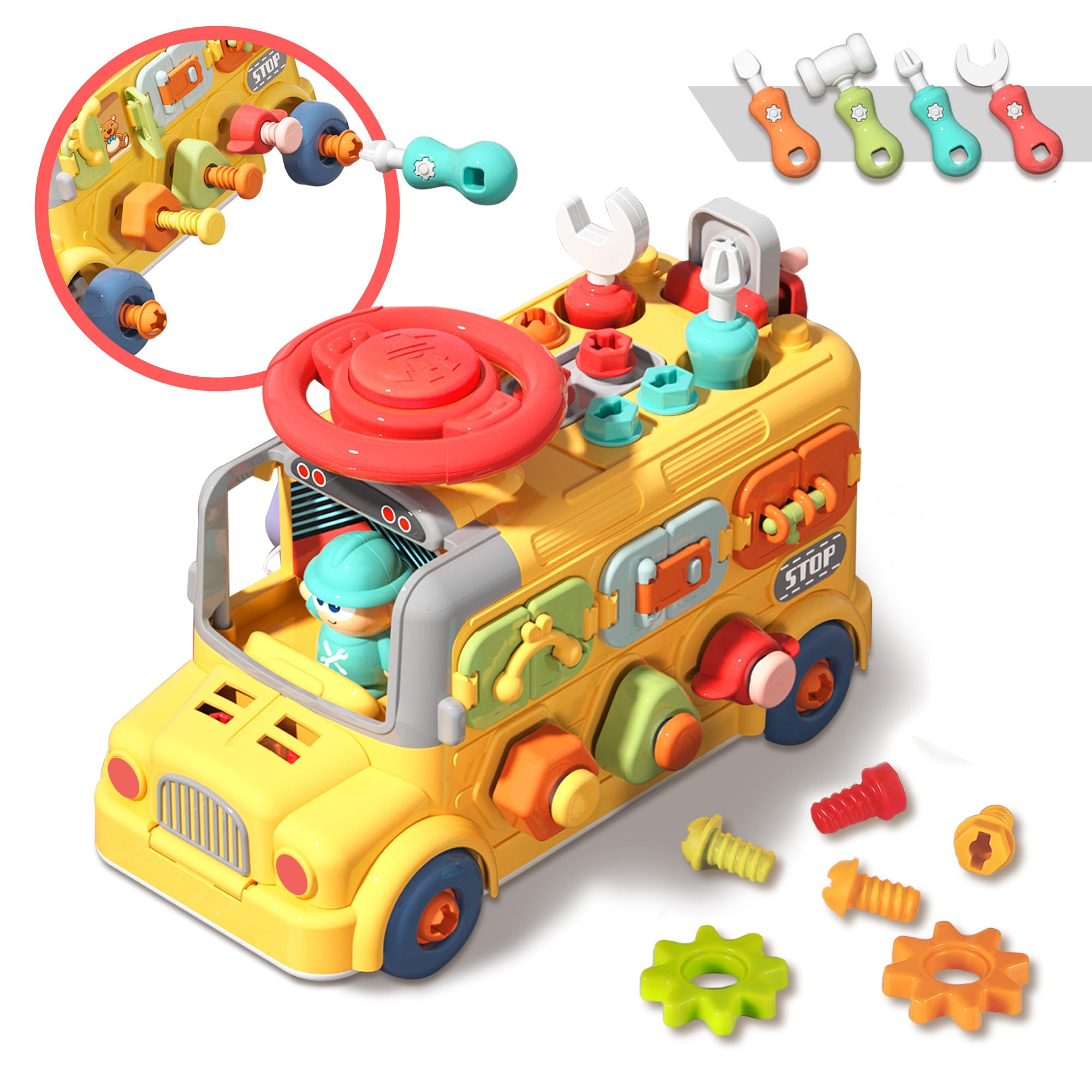 Juguete de autobús ocupado para niños pequeños, autobús escolar con herramientas, volante y engranajes, camión Push Go Assemble, juguete Montessori de aprendizaje STEM de motor fino 8
