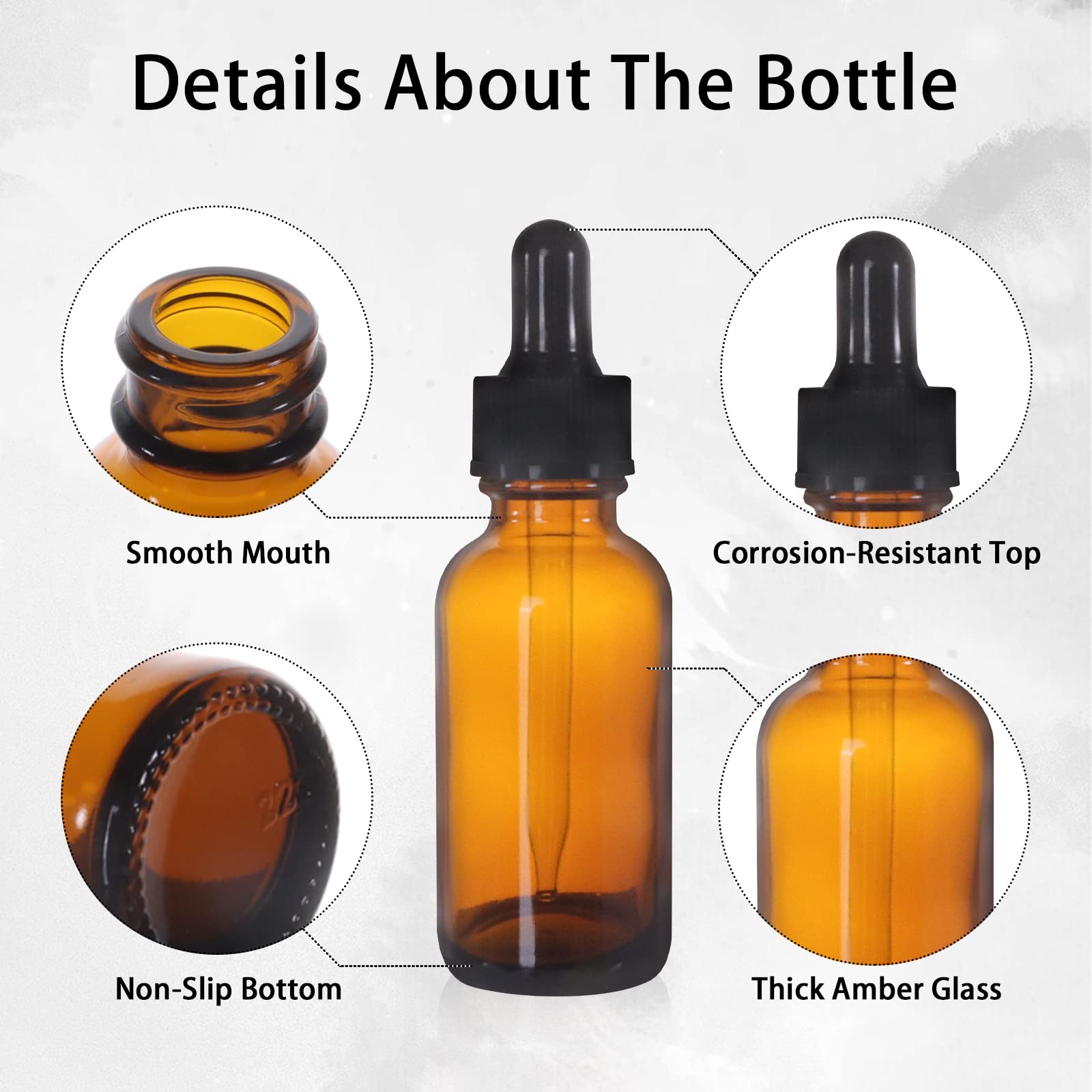 Lot de 48 flacons en verre ambré de 28,3 g avec compte-gouttes en verre pour huiles essentielles, parfums et produits chimiques de laboratoire (brosse, entonnoirs, 2 compte-gouttes