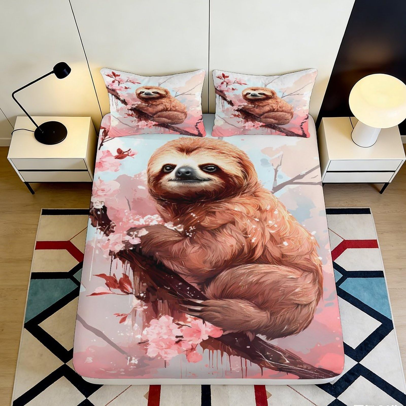 3D Printed Sloth Blossom Fitted Sheet Microfiber Soft Breathable Tree Branch Bed Cover for Bedroom Dorm Decor 90x200x25cm