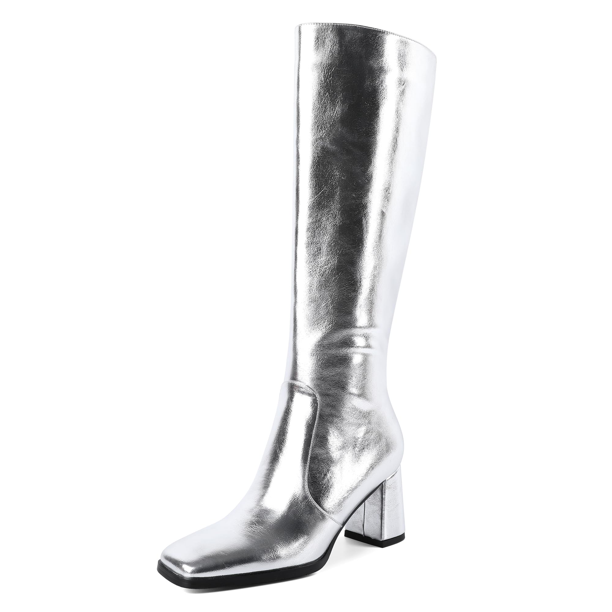 Eldof Women's Knee High Boots Square Toe Chunky Heel Tall Gogo Boots Zipper Closure 3 Inches