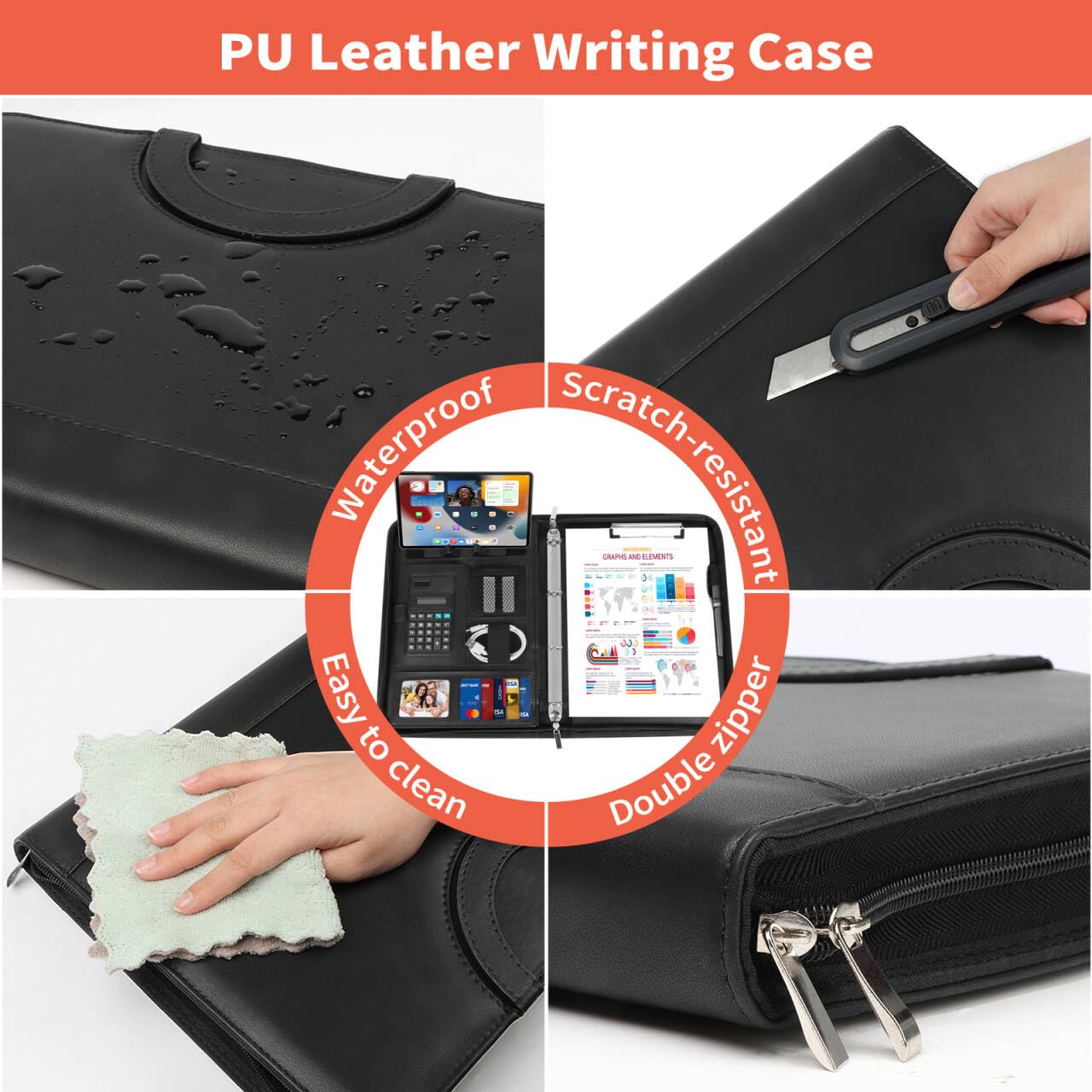 Cartella Portadocumenti A4 Zipper in Pelle con Manici Magnetici Pieghevoli, 2 Scomparti, Supporto Tablet, Nero