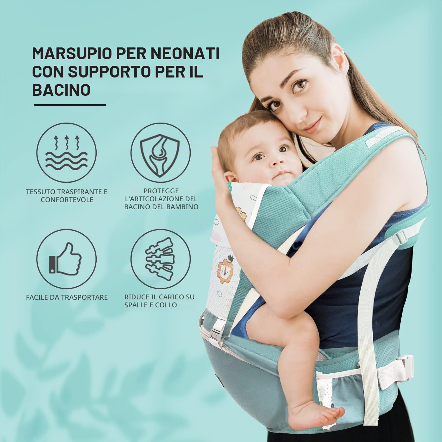 Marsupio Neonati Ergonomico, Porta Bambino con Sedile Multiposizione, Marsupio Con Bavaglini, Puro Cotone Traspirante Leggero, Ideale Neonati e Bambini da 0-36 Mesi(Inferiore a 20kg)