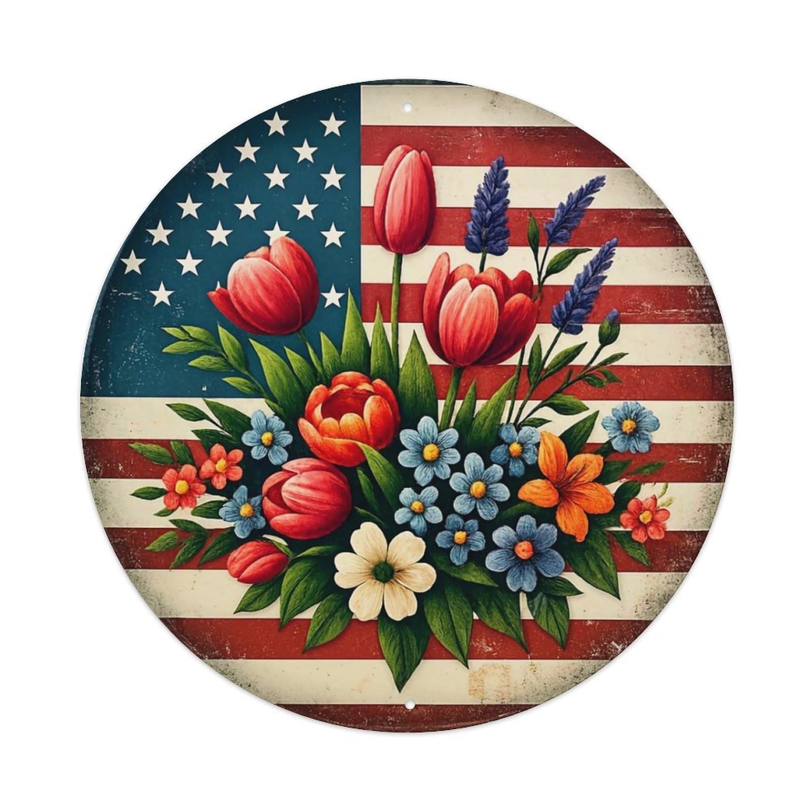 Jdyansheng Vintage American Flag Floral Bouquet Design Tin Sign Metal Poster Metal Signs For Home Man Cave Bar Cafe Kitchen Laundry Room Wall Decorations 8X8 Inches