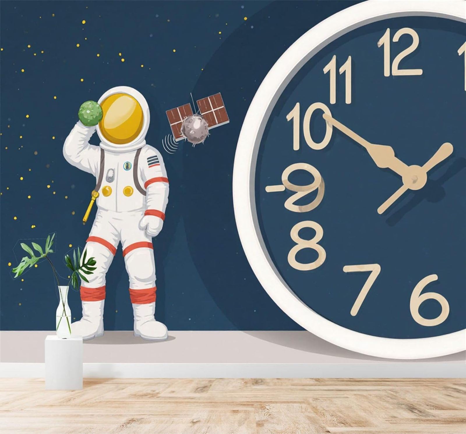 XLMING Minimalist Astronaut Clock Satellite Space 3D Wallpaper Silky Texture Home Study Office Grey Dining Room Sofa Bedroom Living Room TV Backdrop-200cm×140cm