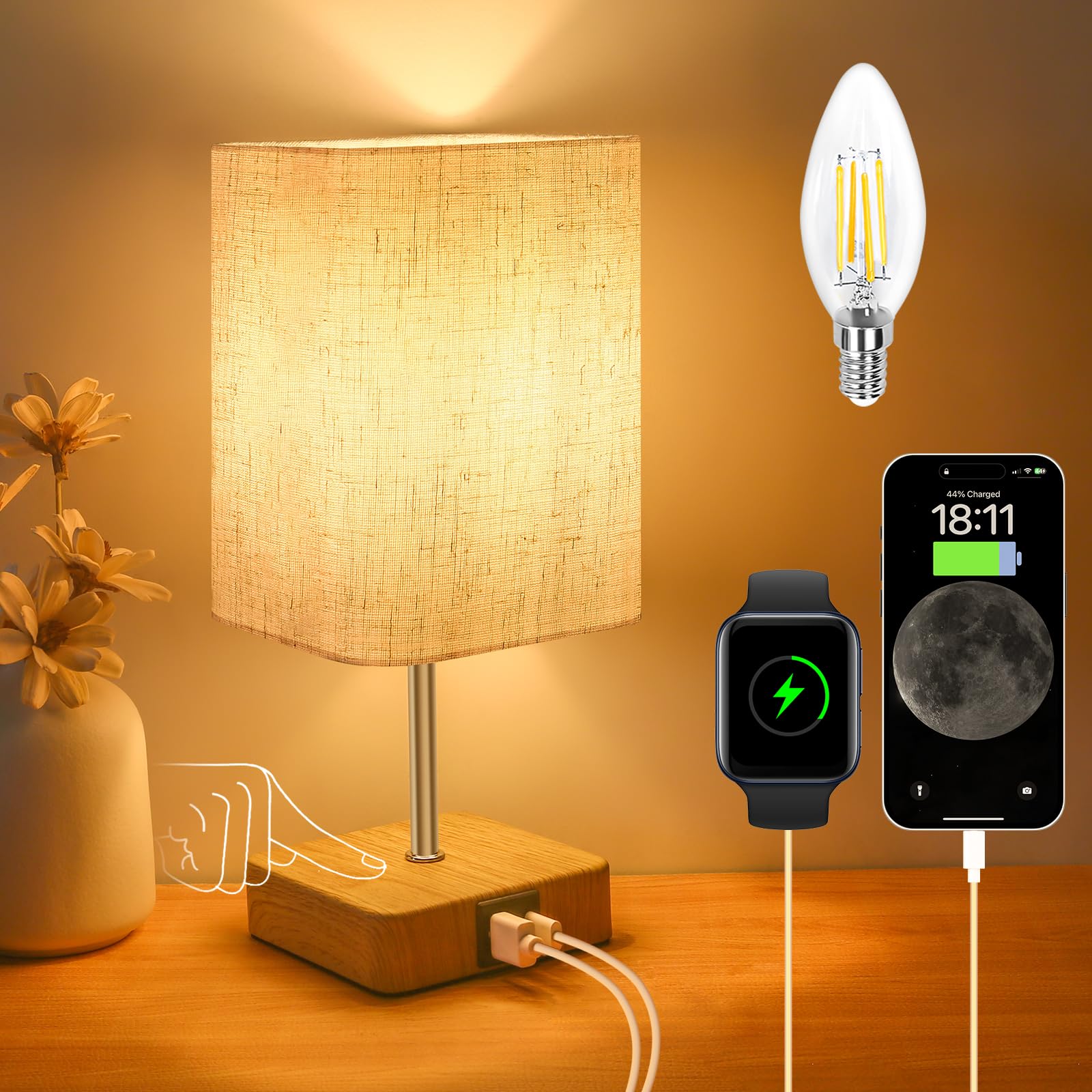 Jayencer Nachttischlampe Touch Dimmbar, Tischlampe mit USB A+C Ladeanschlüssen, 3 Helligkeitsstufen, Lampenschirm aus Leinenstoff, Tischleuchte für Schlafzimmer Wohnzimmer Büros (USB-1)
