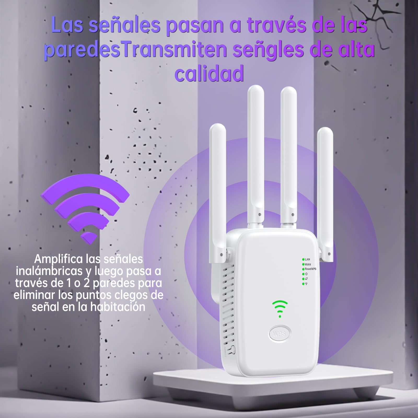 Repetidor WiFi, Amplificador Señal WiFi 2.4GHz 300Mbps Extensor Wi-Fi con Puerto Ethernet, 4 Antenas, repetidor WiFi Largo Alcanc, para oficinas y hogares