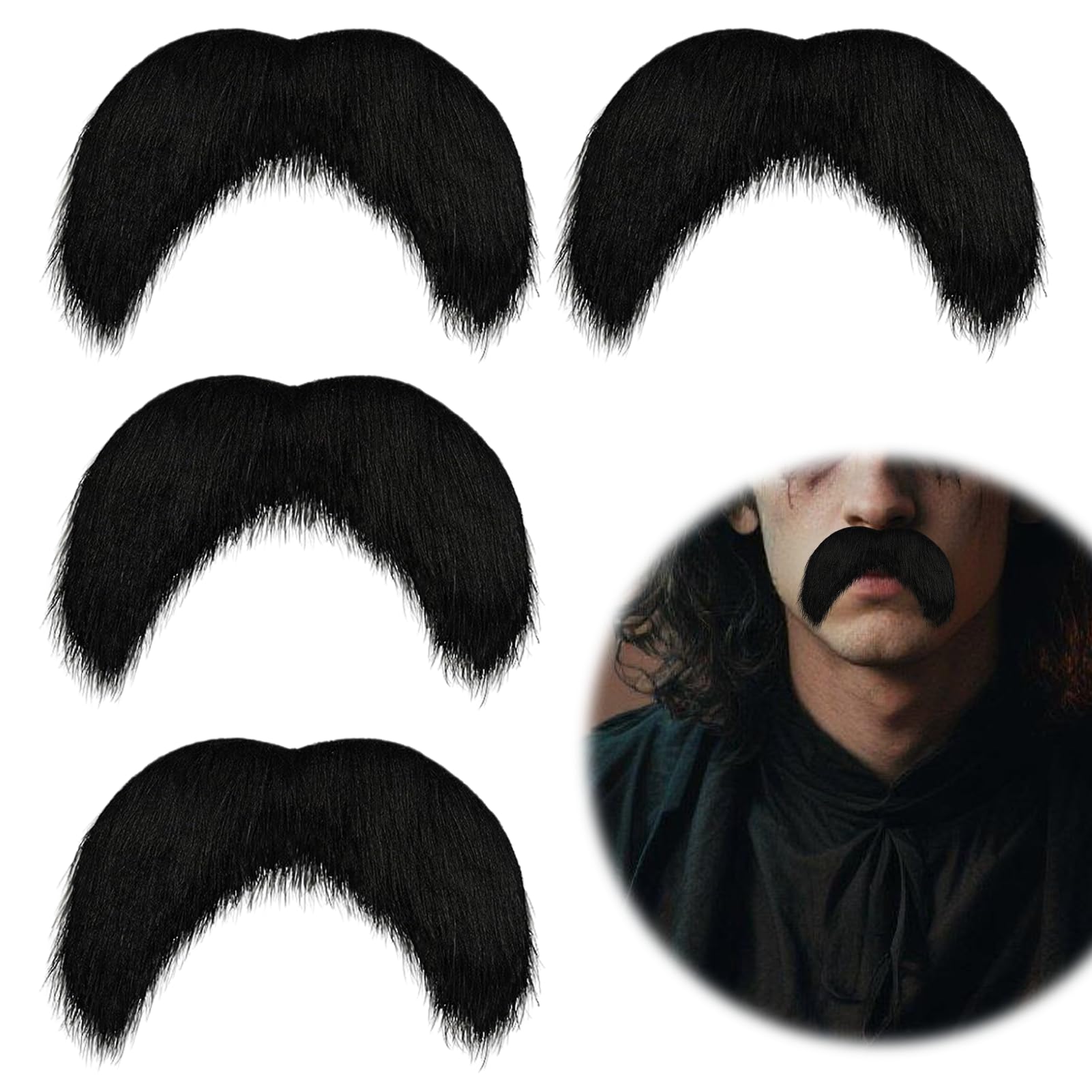 Moustache Autocollante Fausse Barbe Noir Lot De 4 pour Deguisement Homme Cosplay Maquillage Halloween Soirée Déguisée Accessoires Festifs Rôle Ancien Adulte
