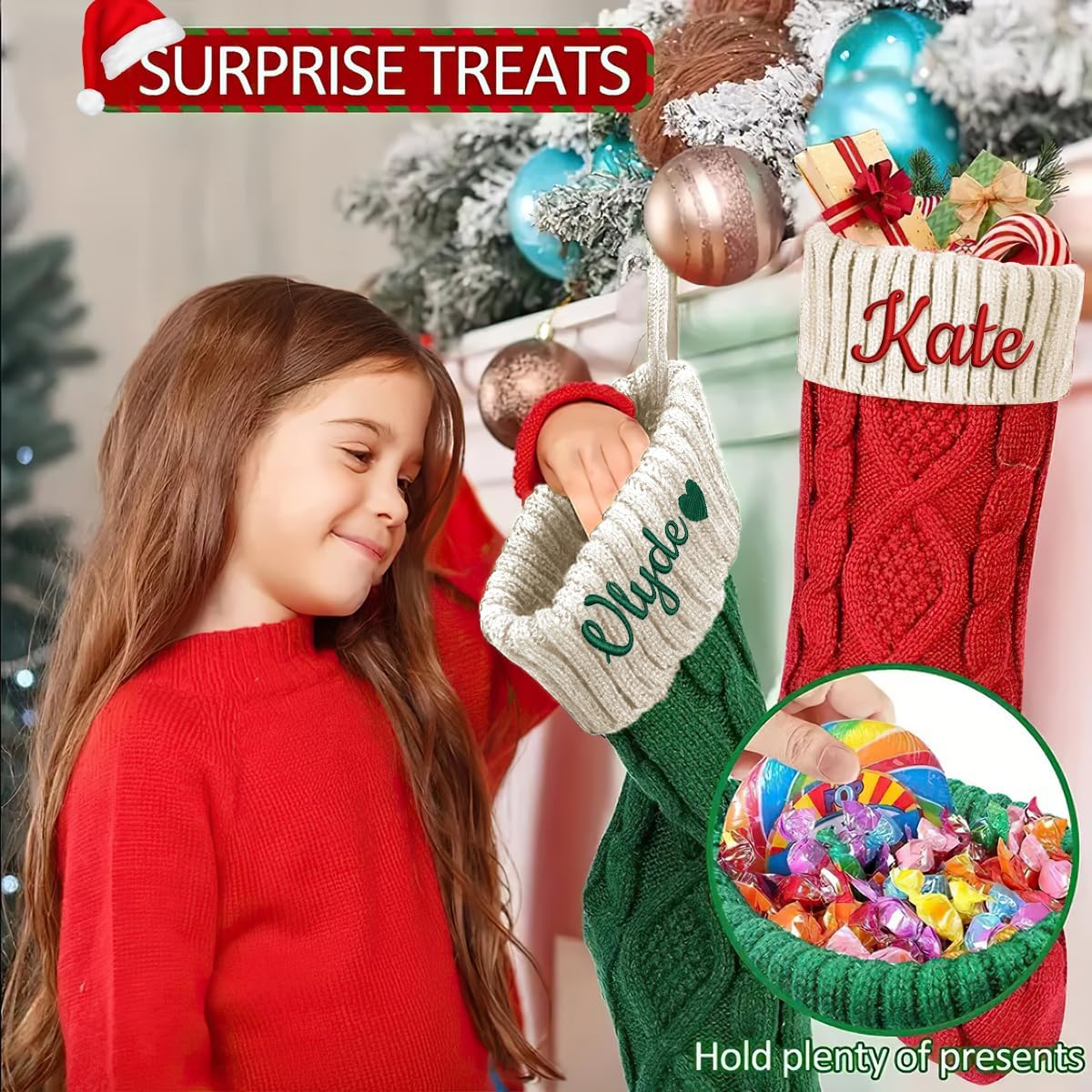 Novgarden Personalized Christmas Stocking with Custom Name - 18" Large 4 Packs Knit Embroidered Christmas Stocking for Kids, Family Fireplace Decoration - Holiday Xmas Stocking