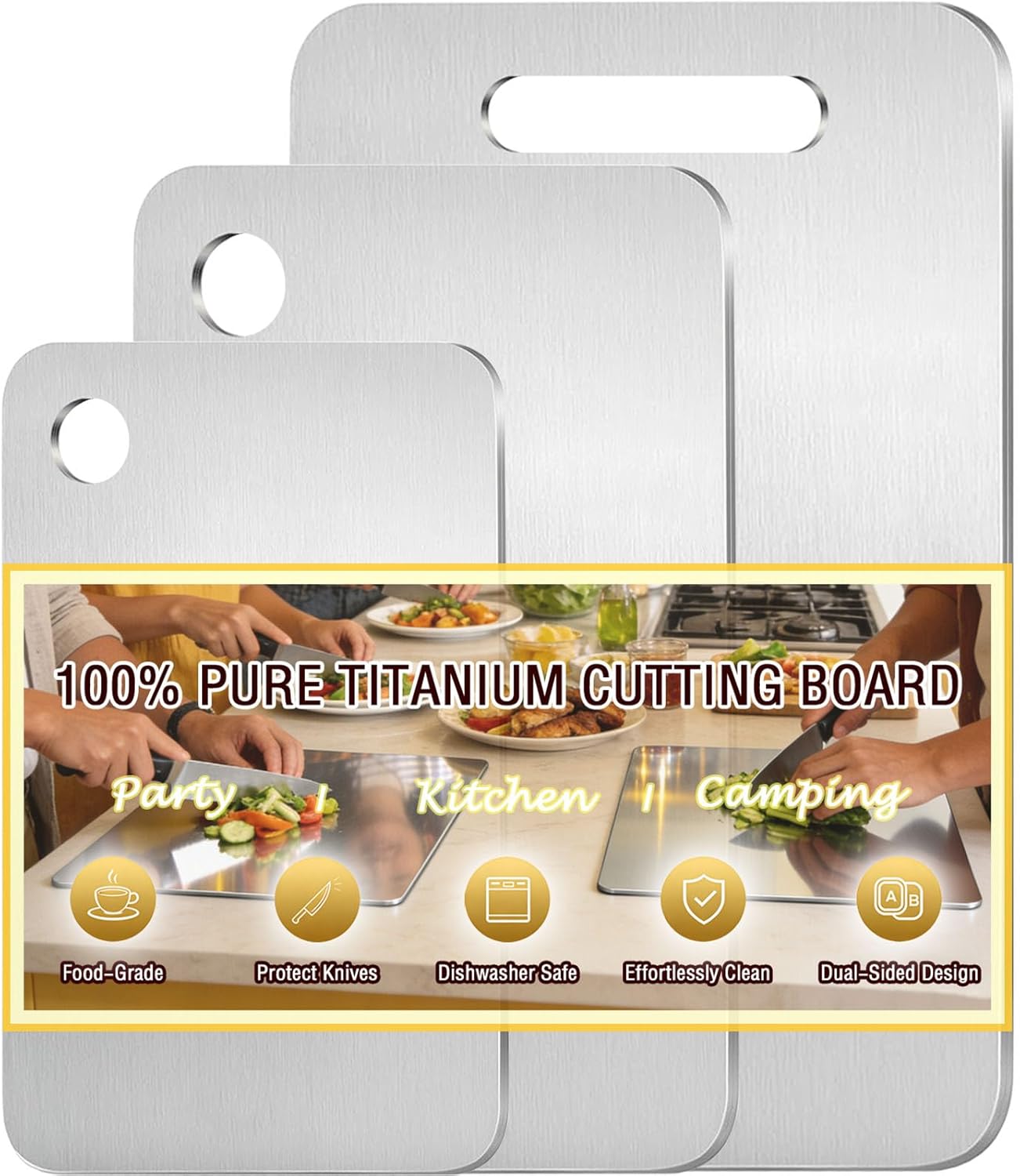 100% Pure Titanium Cutting Board Set of 3, Titanium Cutting Boards for Kitchen Dishwasher Safe, Food-Grade Metal Meat Chopping Board Mat for Cooking Tasks and Outdoor Charcuterie Party (S+M+L)