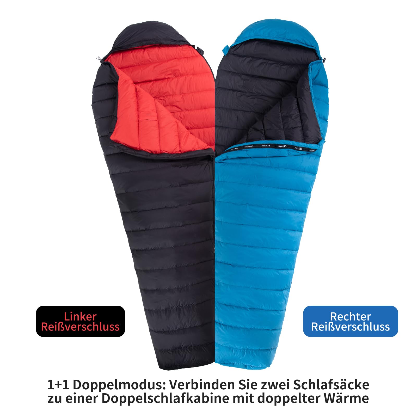 Daunenschlafsack, Winterschlafsack, gefüllt mit 650er Entendaunen. RDS-Zertifiziert. Geeignet für Temperaturen von 8 °C bis -30 °C, ideal zum Campen und Bergsteigen.