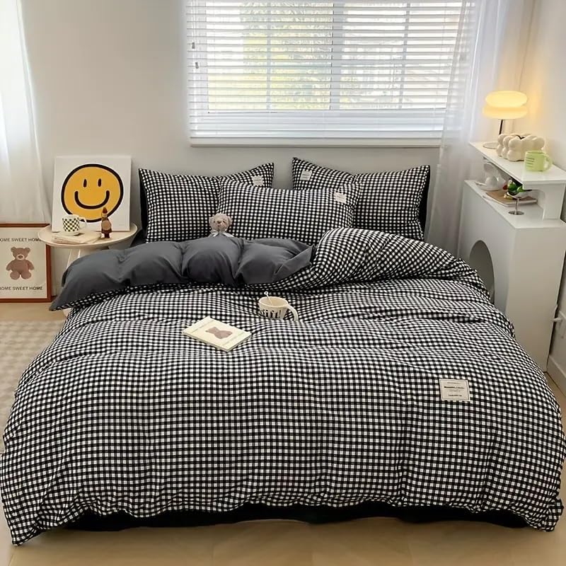 Gingham Duvet Cover Queen Size 3pcs Black White Plaid Checkered Comforter Cover Modern Farmhouse Grid Reversible Bedding Set Soft Breathable Washed Microfiber Duvet Covers with Zipper Ties