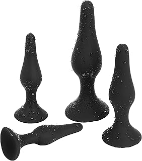4x Plug Anal avec Ventouse Forte, Désir Érotique pour Elle et Lui avec Gode Silicone Lisse Set S + M + L + XL, Butt-Plug Noir
