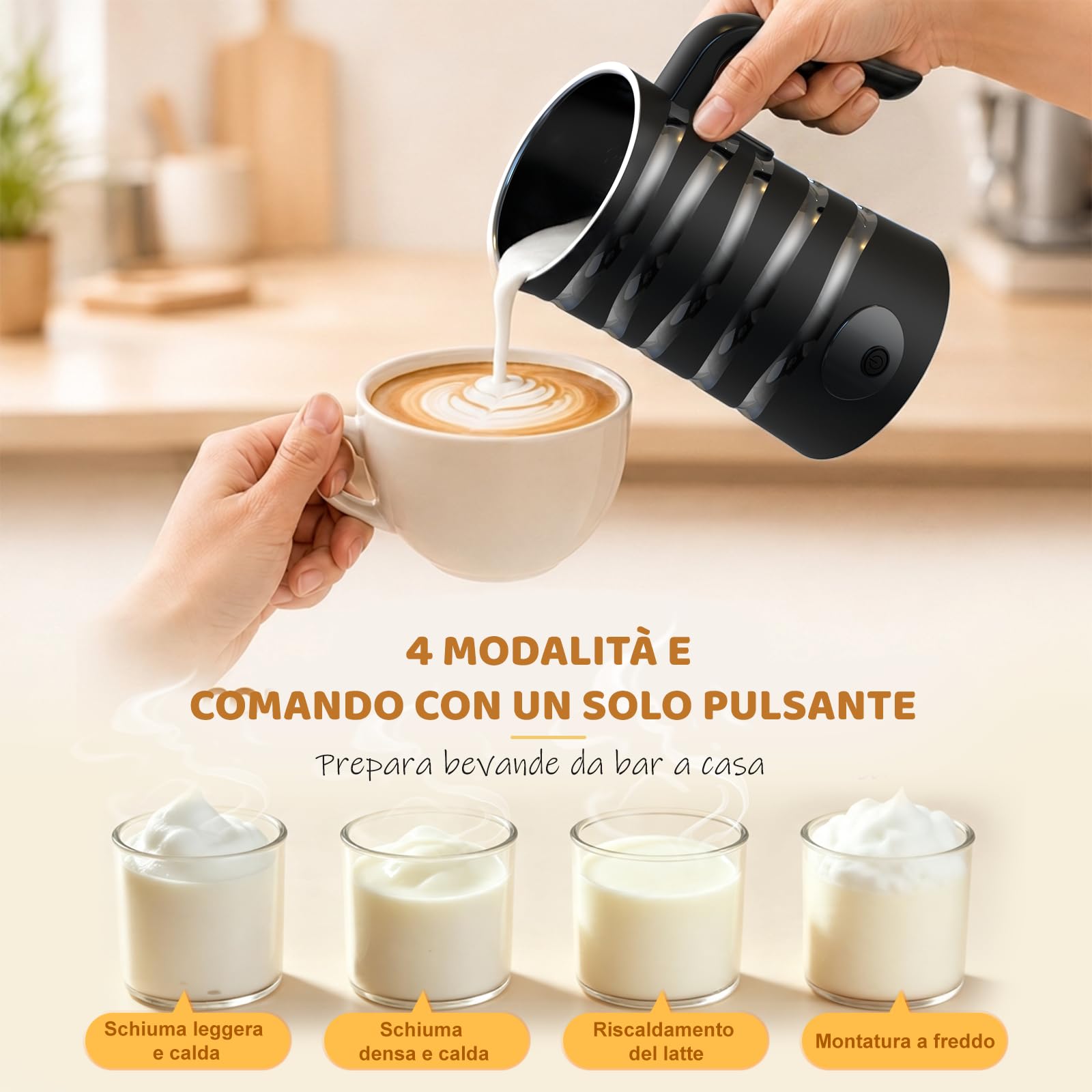 Kissleaf Montalatte Elettrico, 4-in-1 Montalatte e Scaldalatte con Manico