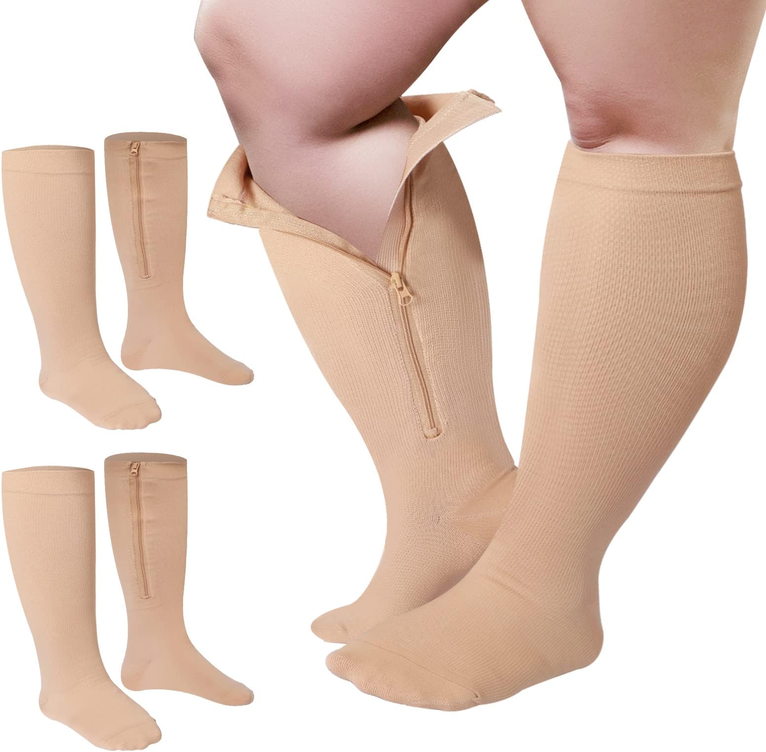2 Pair Wide Plus Size Calf Compression Socks with Zipper for Overweight Women Men 15 to 25 MmHg