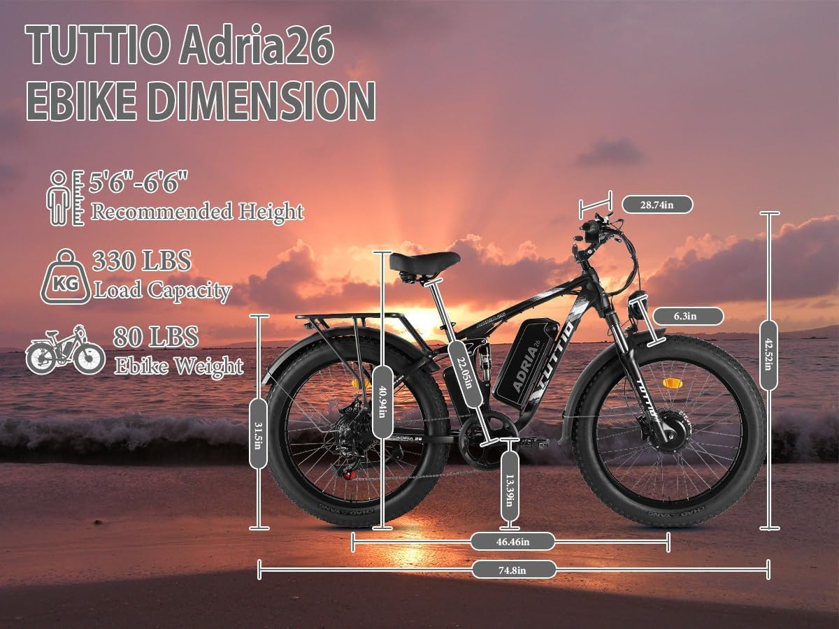 Tuttio Adria26 5000W/6000W Dual-Motor Ebike,40-46MPH Electric- Bike for Adults, 26 * 4" Fat Tire Electric Bicycle, 52V 25AH E-Bike Full Suspension Electric Dirt Bike for Off-Road Mountain Hunting