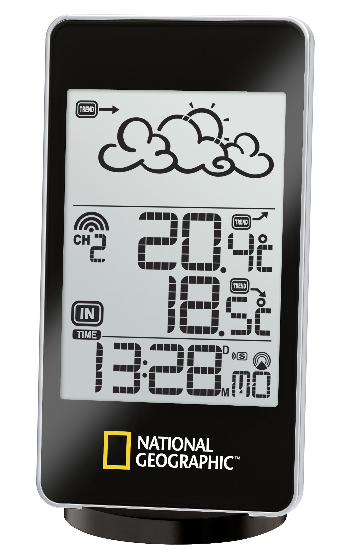 National Geographic Bresser Basic - Stazione meteorologica con visualizzazione delle Tendenze Meteo delle 12 Ore successive, Temperatura Interna/Esterna, Segnale Radio DCF e sensore Esterno, Nero