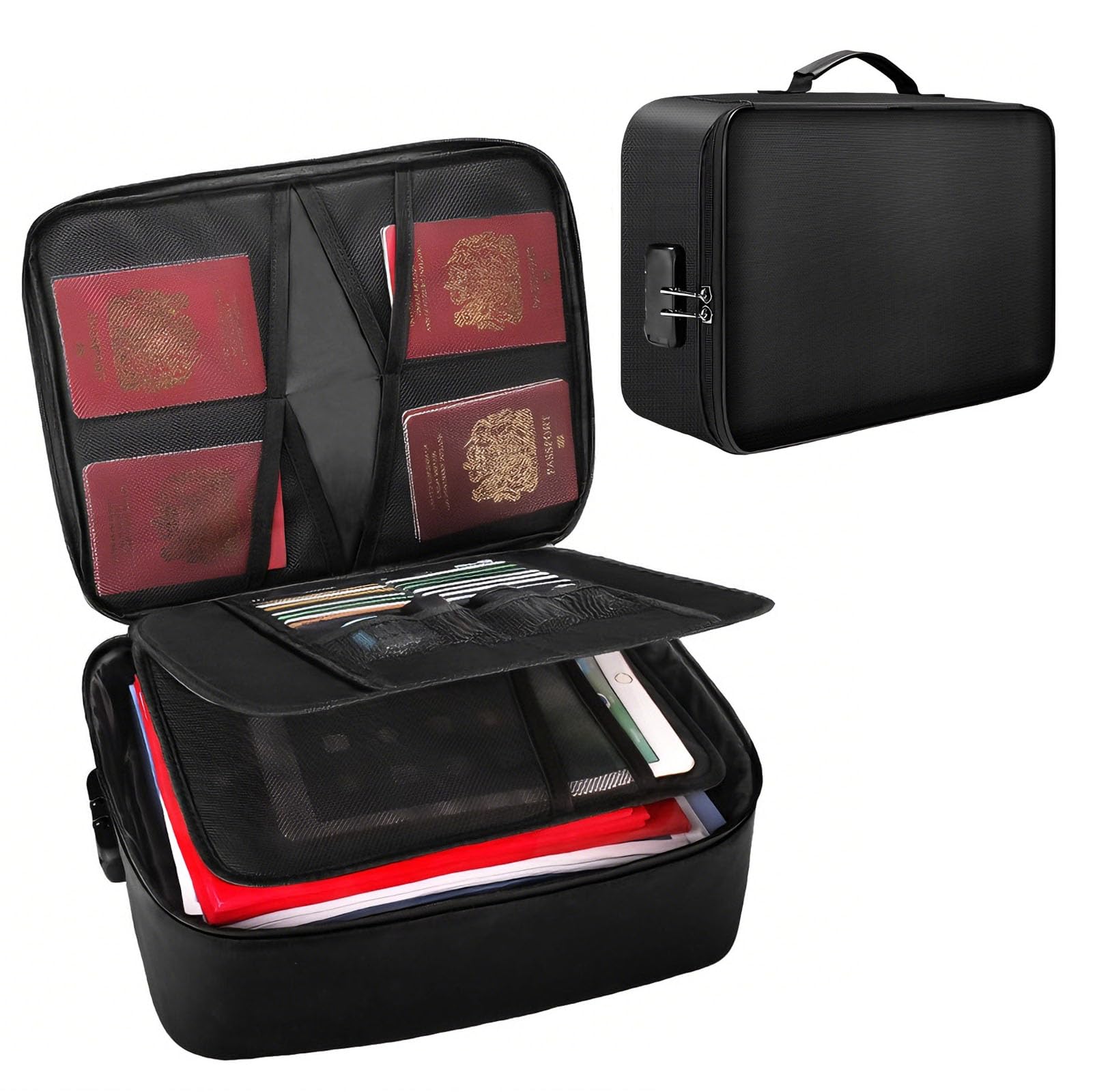 Fireproof Document Box with Combination Lock, Large Capacity File Proof Documents Storage Box, Water Resistant Lockable File Organiser Safe Bag for Passports, Certificates, Legal Files, Valuables