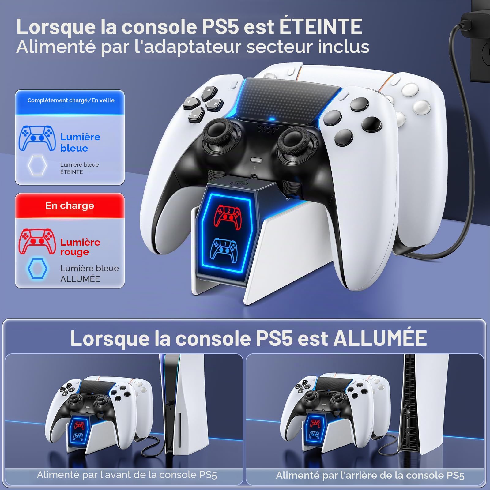 Station de Recharge PS5, Chargeur Manette PS5 pour DualSense PS5&Edge, Dock Manette PS5 avec Indicateur LED et Adapteur, Accessoire PS5 pour Scole PS5