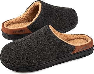 LongBay Men's Wool-Like Slippers Warm Memory Foam Slippers with Soft Sherpa Lining for Indoor Outdoor Use