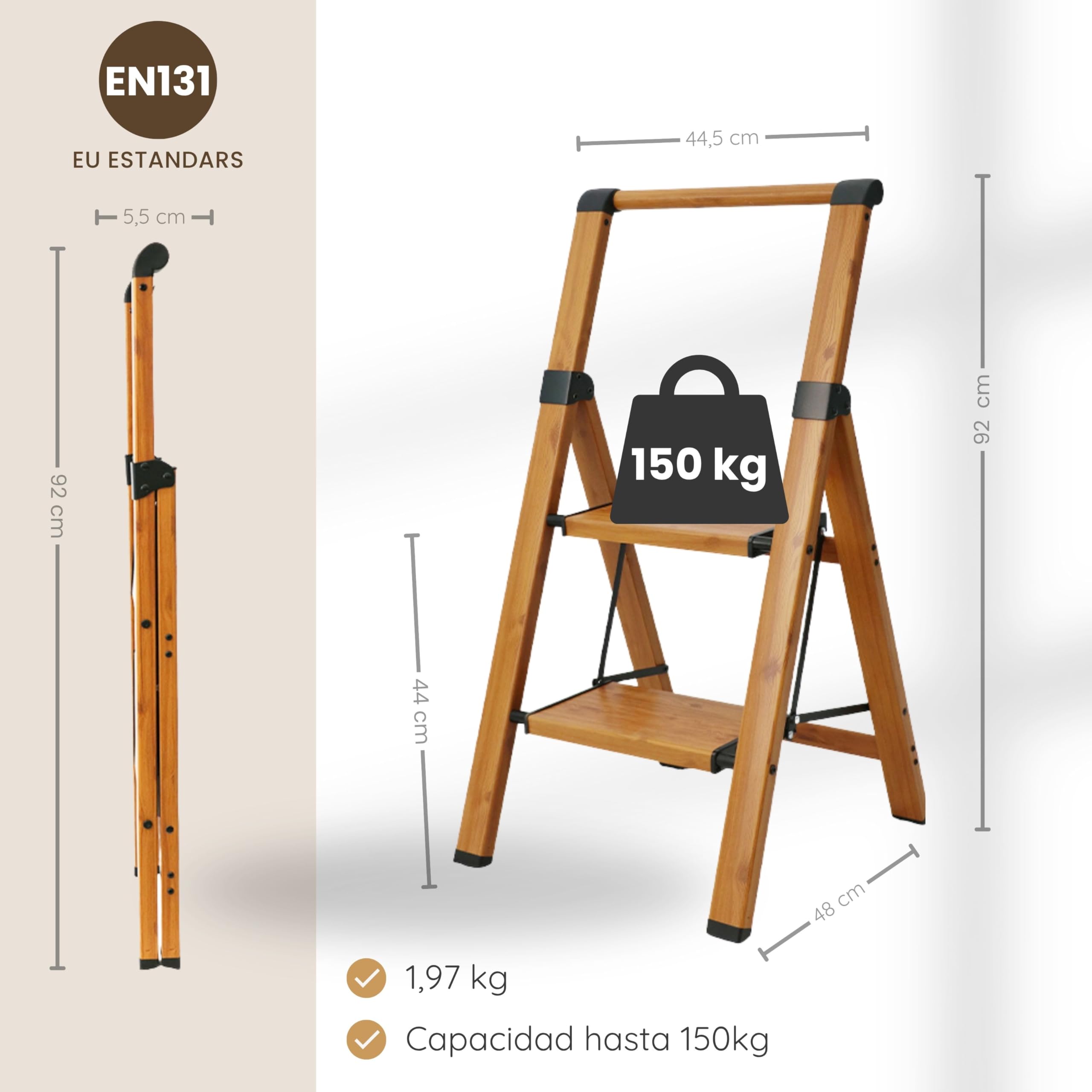 Escalera Plegable de Aluminio Efecto Madera para hogar y Cocina, 2 peldaños, peldaños Anchos Antideslizantes, EN 131