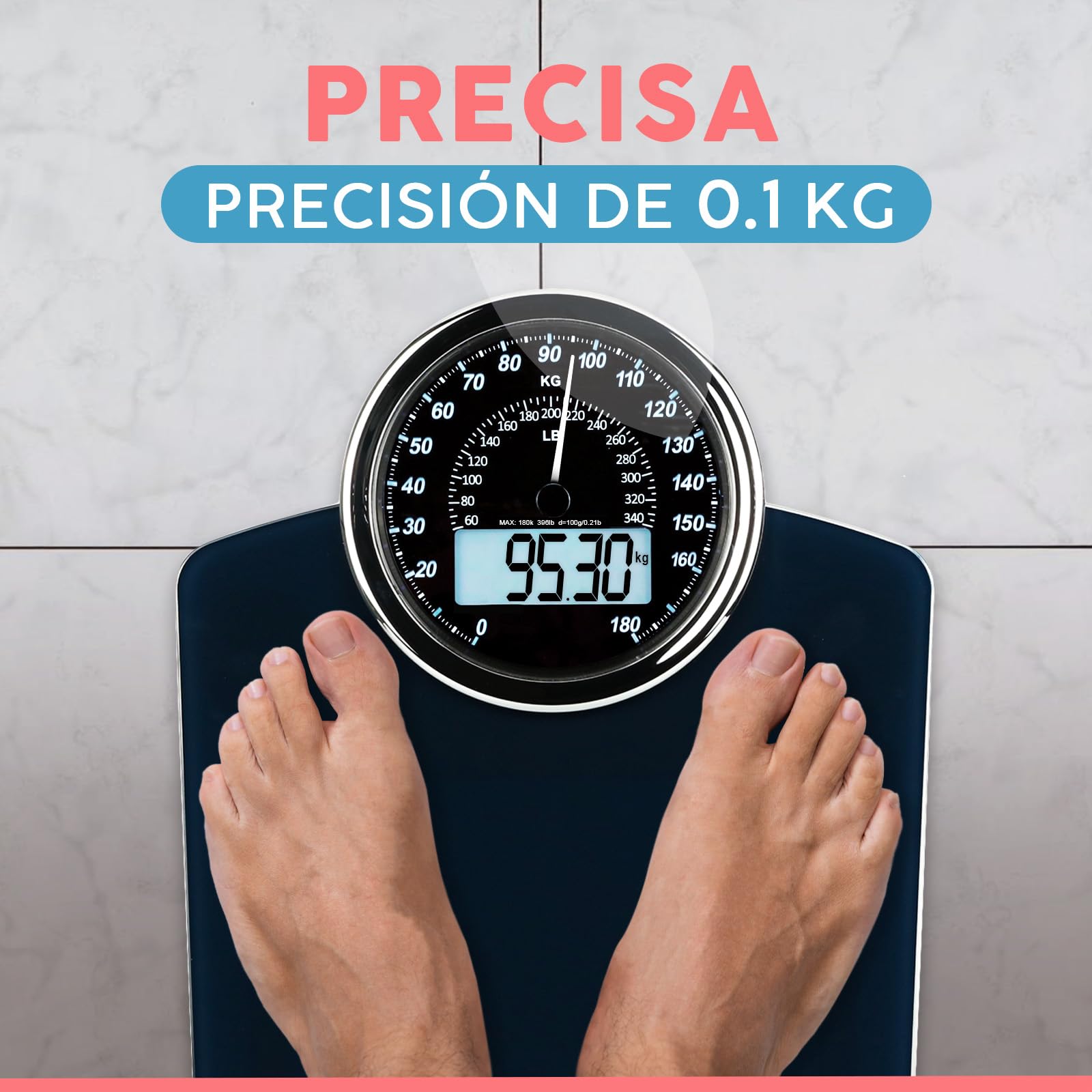 Báscula Híbrida 2 en 1 Analógica y Digital Adamson para Peso Corporal de Hasta 180 kg - Vidrio Grueso - Pantalla Extragrande - Báscula Digital - Fácil de Leer - Azul con Retroiluminación Negra