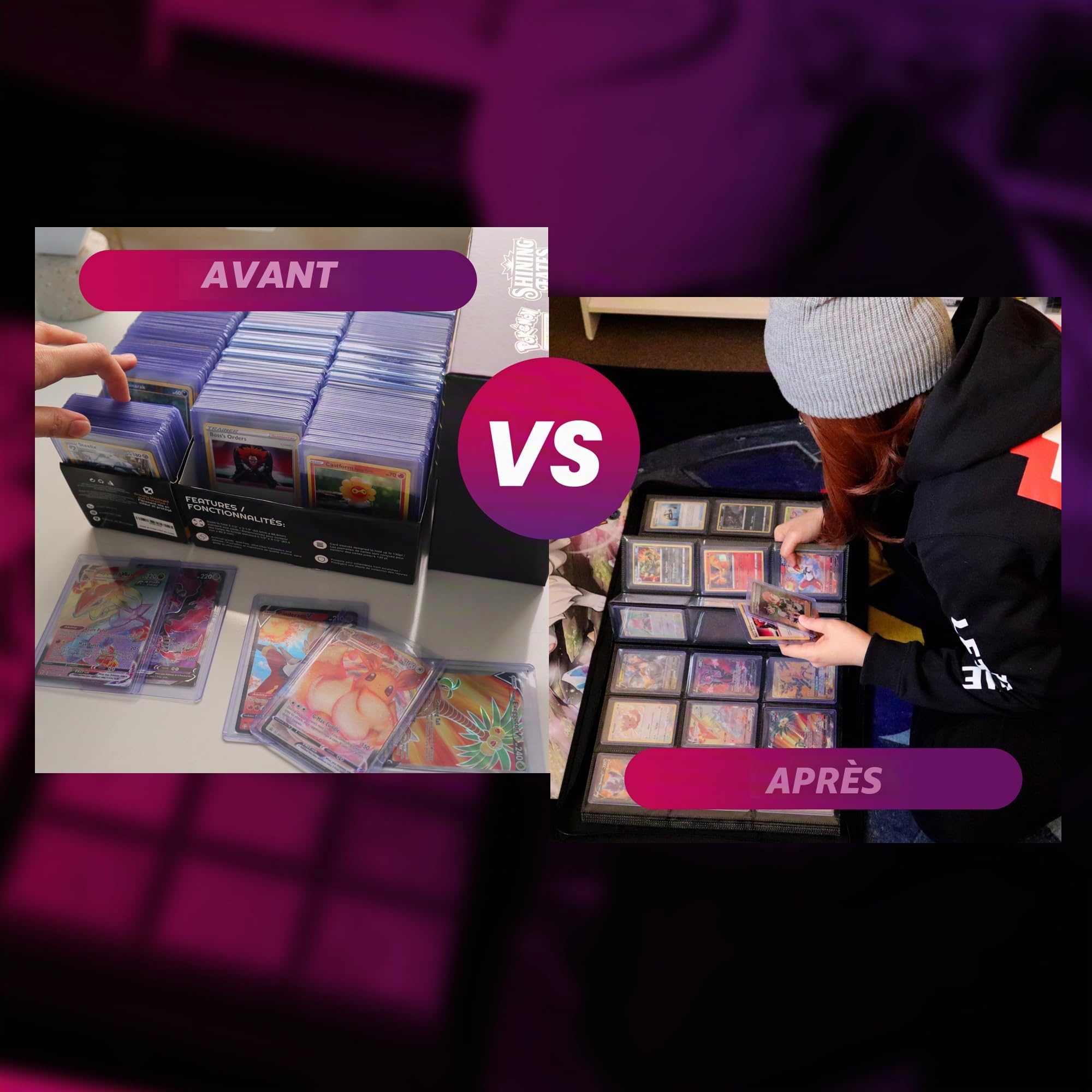 Classeur à chargement par le haut – 35pt-55pt 7,6 x 10,2 cm noir portable pour cartes de rangement, 9 poches, 216 emplacements pour cartes rigide, 4 poches PSA, Lorcana, Pokémon, MTG, classeur de