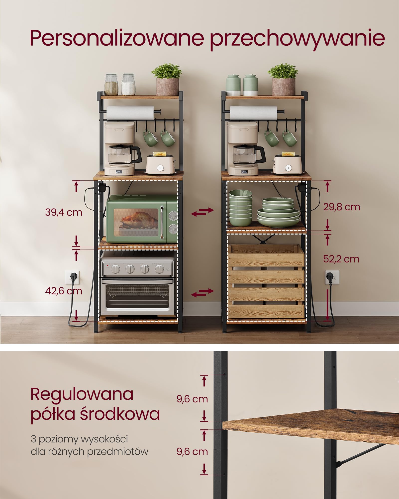 VASAGLE Półka kuchenna z wieloma gniazdami, 4-poziomowy bar kawowy z regulowaną półką, 8 haczyków S, uchwyt do mikrofalówki, 40 x 45 x 140 cm, rustykalny brązowy i czarny atrament KKS013KD02
