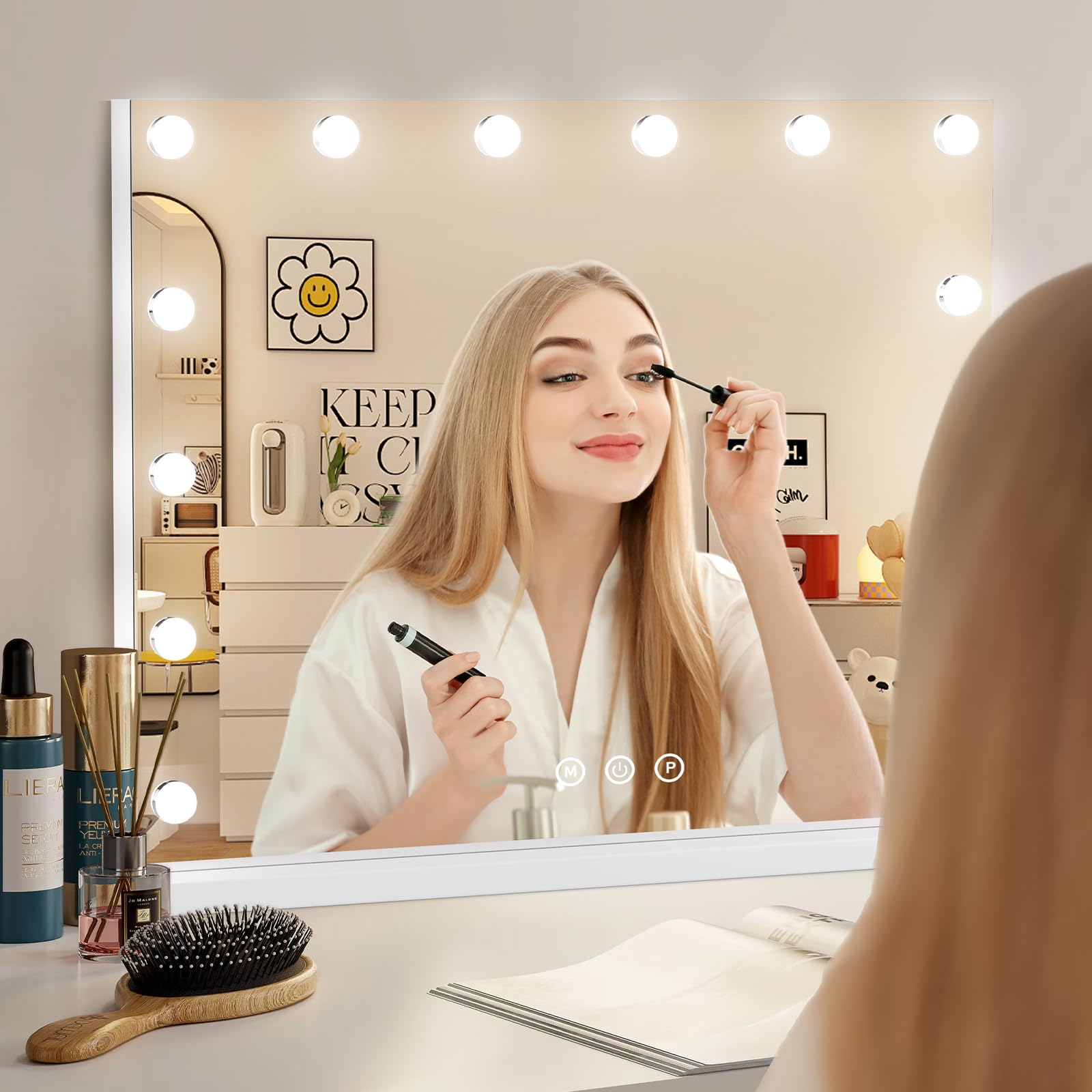 Hollywood Specchio Trucco con Luc, 50x42cm Specchio con Luci 14 LED, 3 Modalità Illuminazione Regolabile, Controllo Tattile, Porte USB, Specchi da Tavolo per La Camera da Letto Spogliatoio