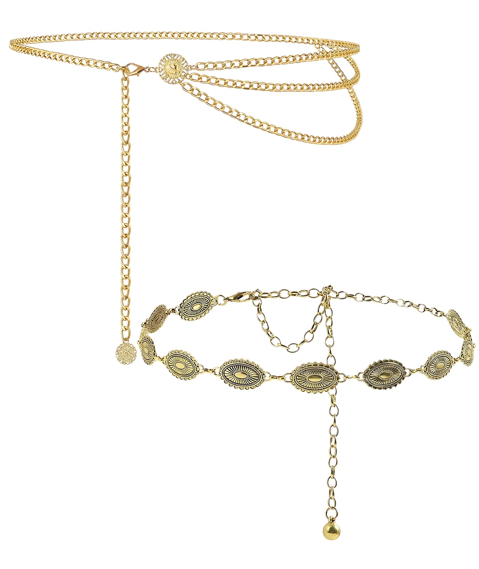 2pcs Multilayer Metal Waist Chain Belt for Women, Western Concho Belts for Women, Boho Metal Cowgirl Chain Belts, Adjustable Long Body Belly Jewelry for Dinner, Party, Dances, Nightclubs-image-46