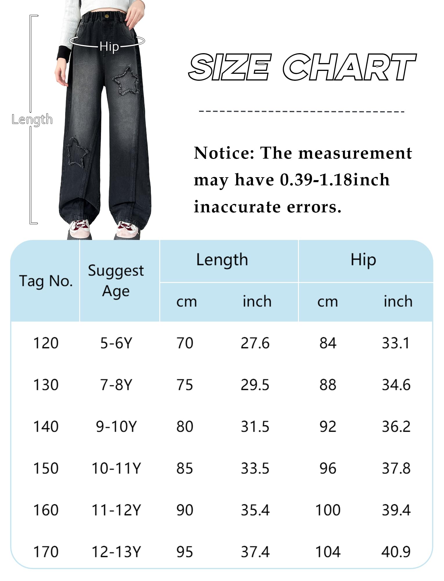 Happy Cherry - Baggy Jeans Filles Pantalons Large en Denim Fille Y2K Streetwear Enfants Adolescent Pantalon Hip Hop Streetwear Décontracté pour Été Hiver Printemps Automne - 110-164